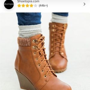 Knit Top Wedge Booties - Tan